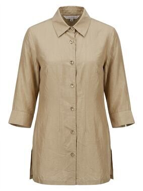Connie Roberson 100% Silk Made in USA Beige Button-Up Tunic Women Size M